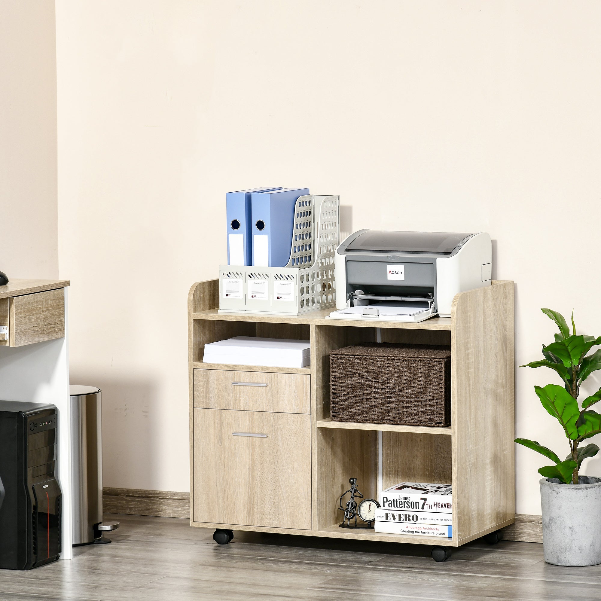 Vinsetto Filing Cabinet: Printer Stand, Mobile, Oak, 2 Drawers, Adjustable Open Shelves, Office