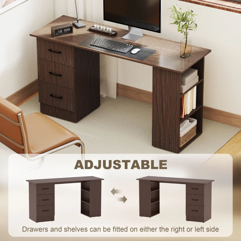Computer Desk, 55" Writing Table with 3-Tier Shelves and 3 Reversible Drawers for Home Office, Bedroom, Walnut