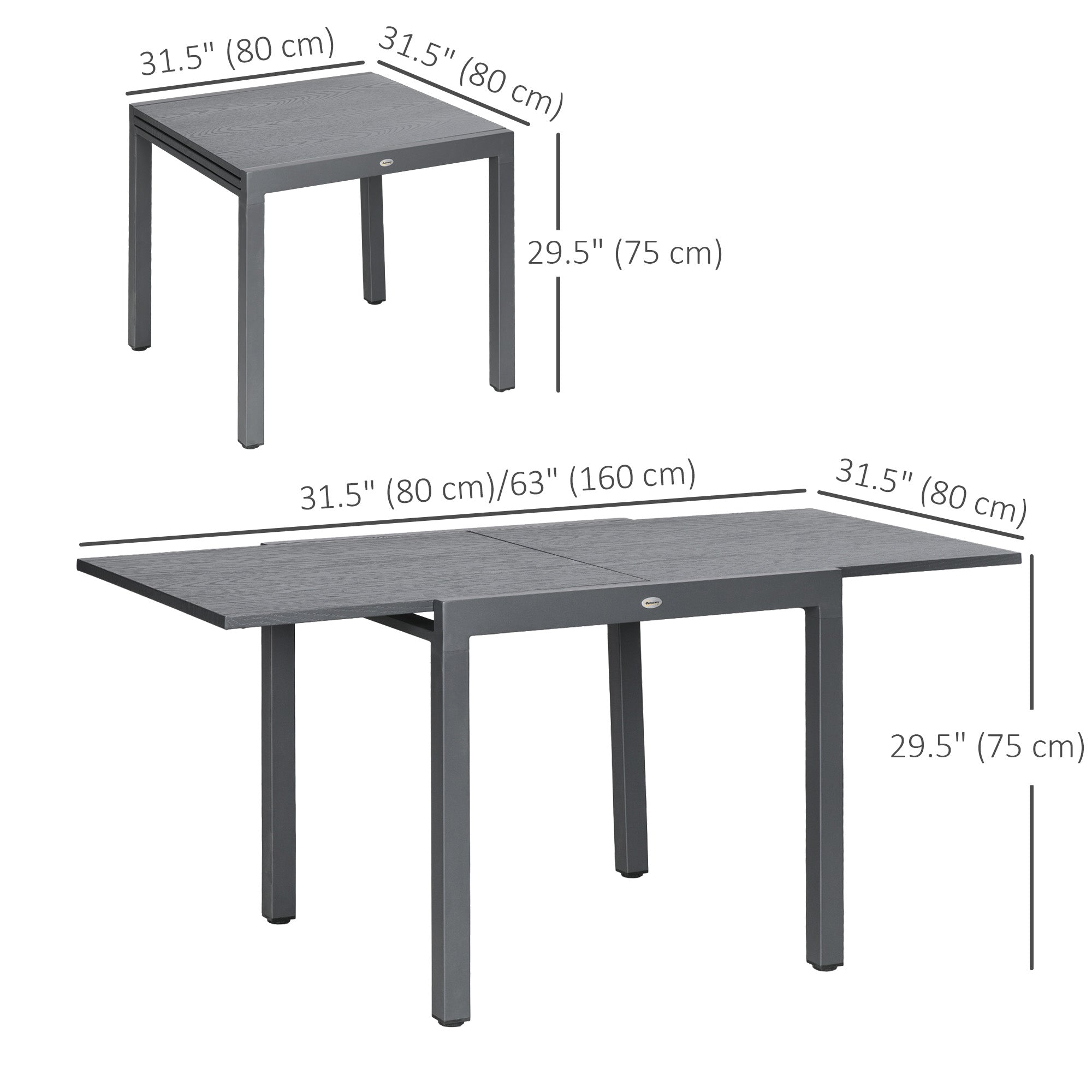 Outsunny 31.5"-63" Extendable Outdoor Dining Table for 4-6 with Aluminium Frame, Steel Tabletop Dark Grey