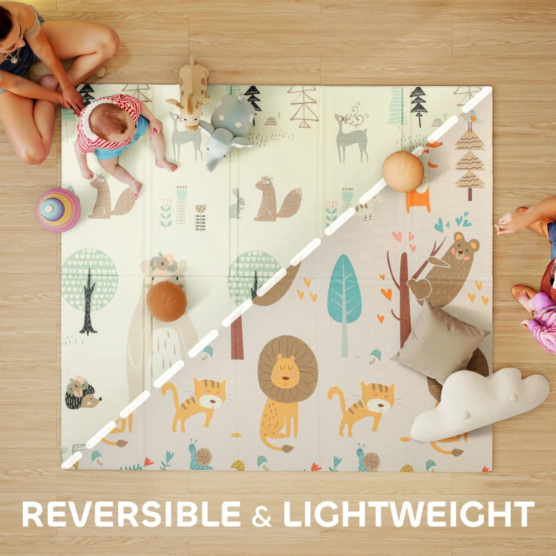 Qaba Double Sided Baby Play Mat, Reversible & Waterproof Foldable Crawling Mat, Animal Theme