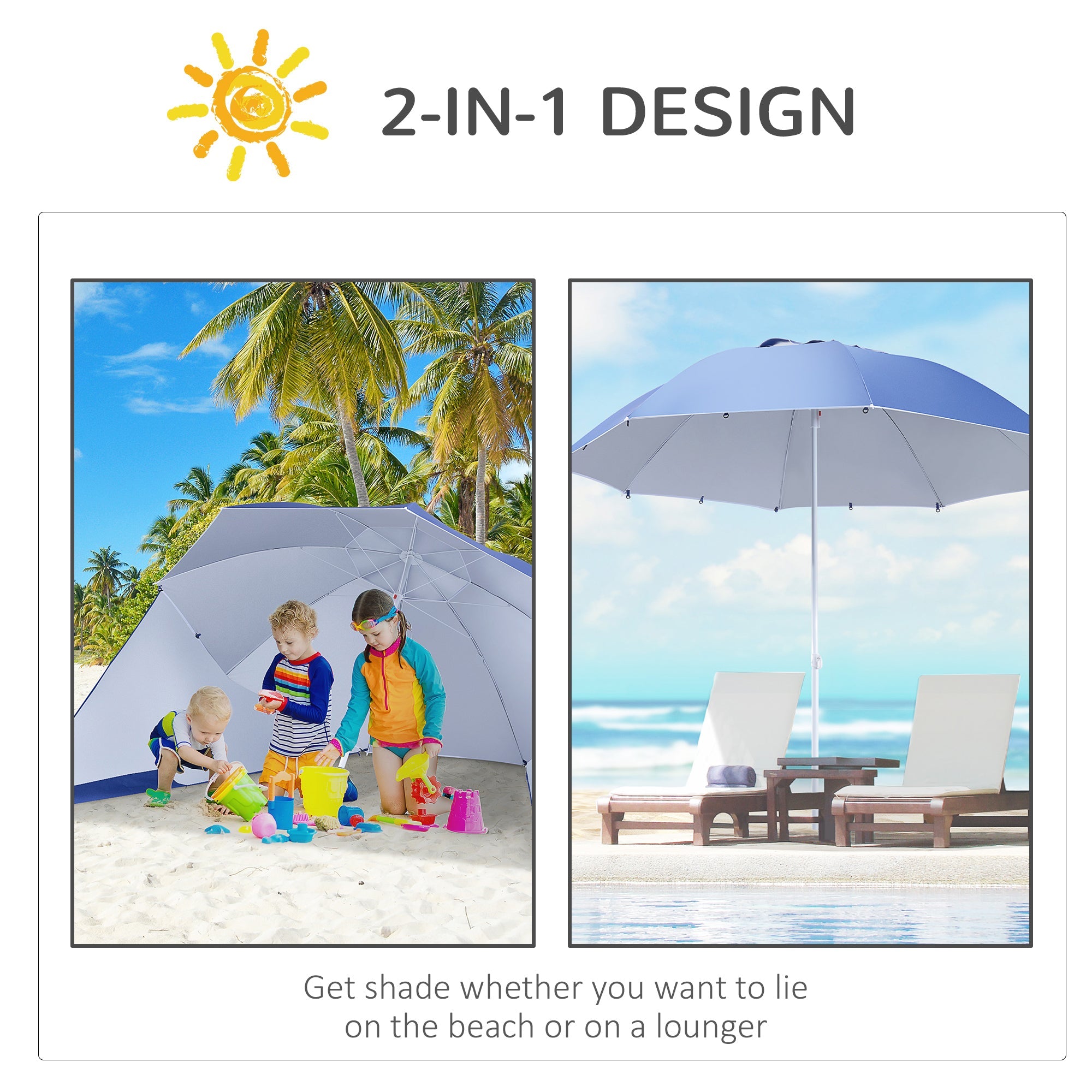 Outsunny 7.5ft Blue 2-in-1 Beach Sport Umbrella Shelter with Silver Coated UV50 Protection for Outdoor Activities