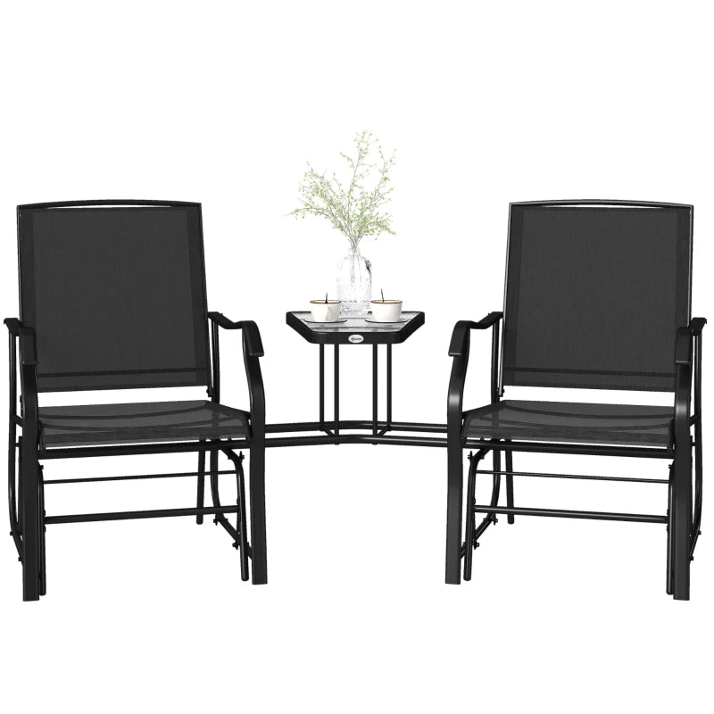Double Patio Glider Chair with Glass Top Center Table, Outdoor Glider Loveseat with High Back, All Weather Breathable Mesh Fabric for Garden, Backyard, Deck, Black