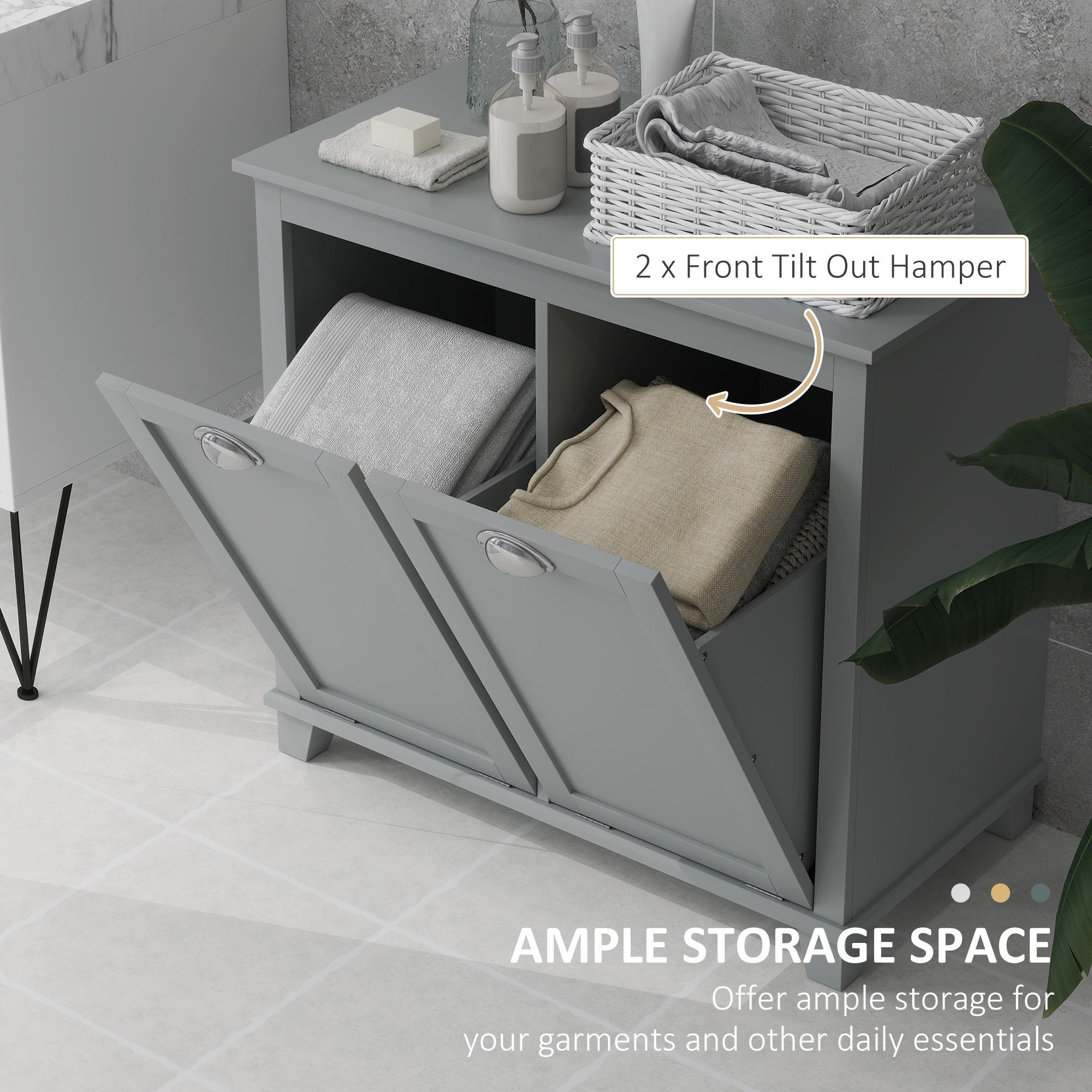 HOMCOM Bathroom Laundry Storage Cabinet: Tilt-out Hamper Organizer, Two-Compartment, Grey