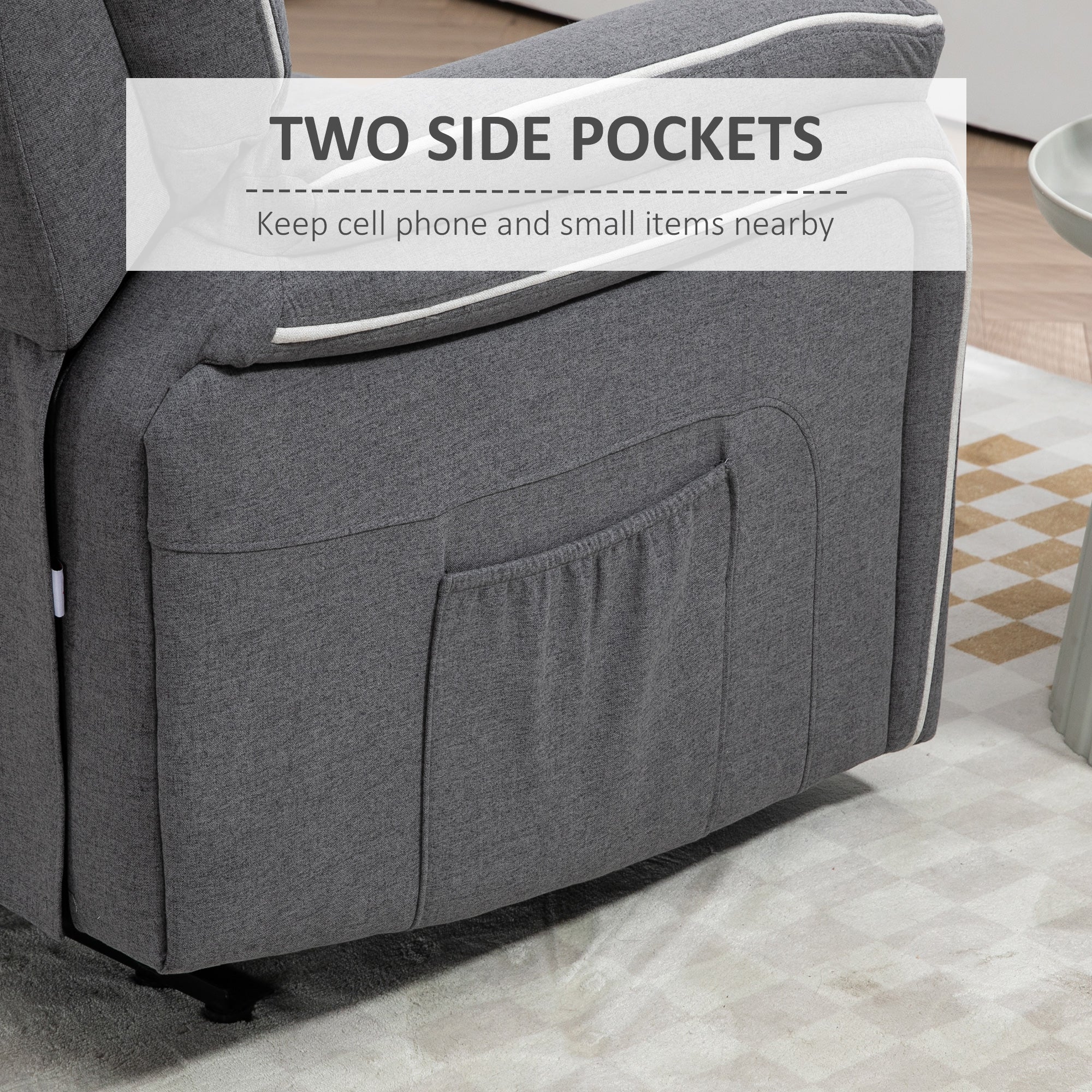 HOMCOM Fabric Reclining Chair, Manual Recliner Chair for Living Room with Footrest, 2 Side Pockets, Steel Frame, Dark Grey