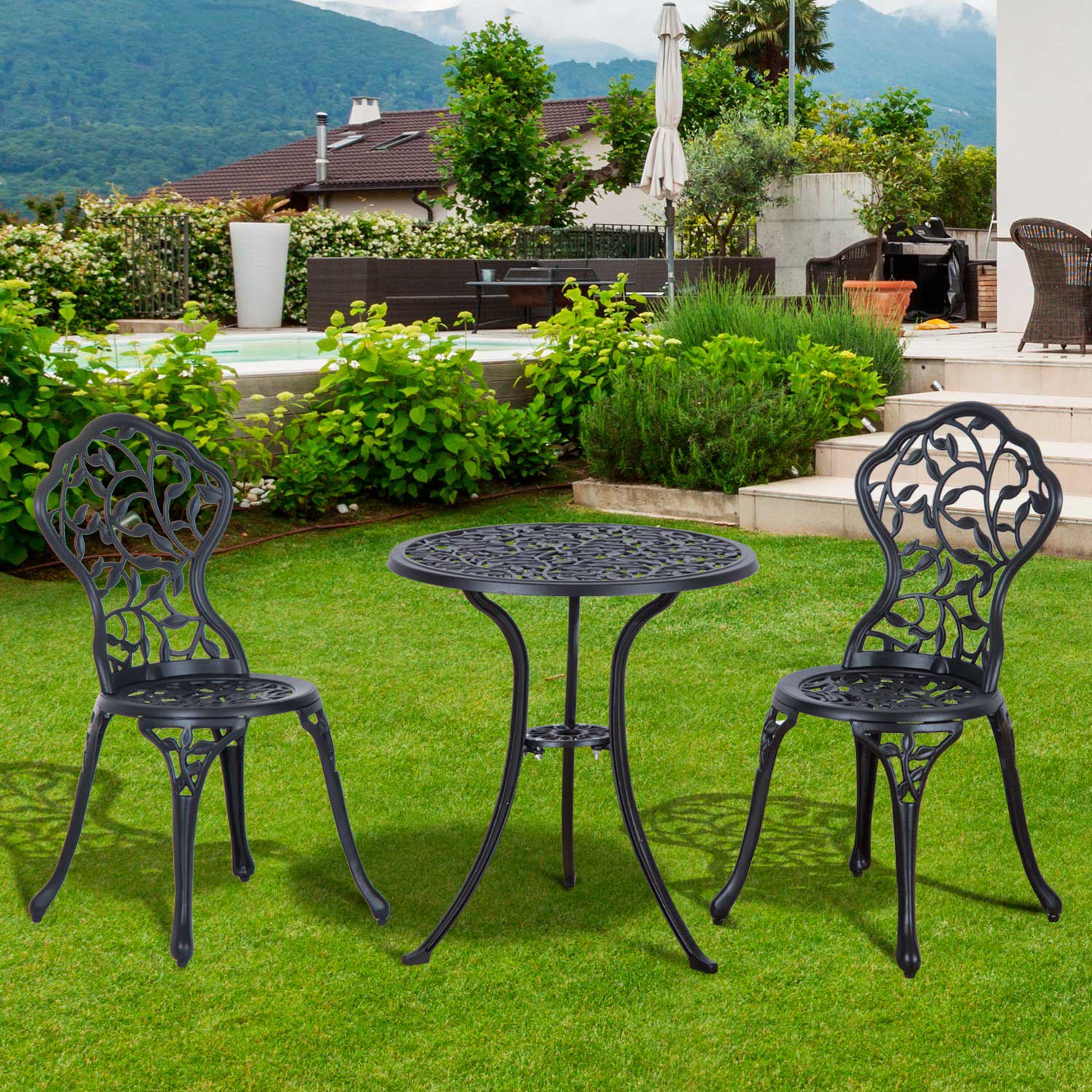 Outsunny 3pcs Patio Bistro Set with Umbrella Hole, Antique Style Garden Coffee Set, Outdoor Bistro Dining Set - Black