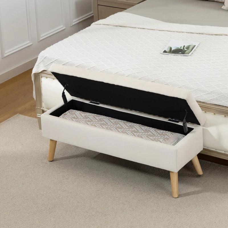 Storage Ottoman with Lid, Velvet Upholstered Storage Bench with Wood Legs for Living Room, Cream White
