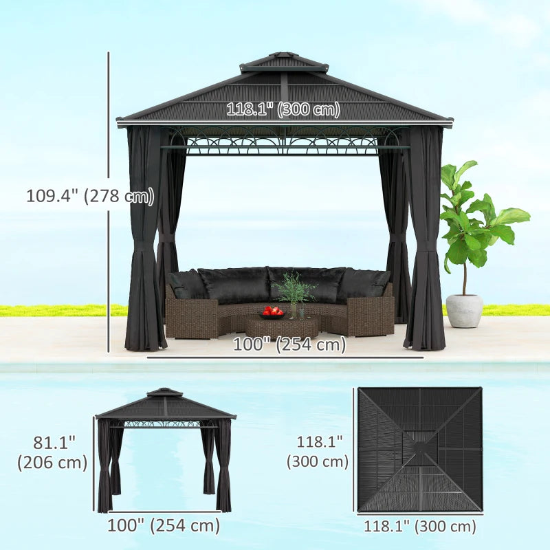 9' x 10' Outdoor Hardtop Gazebo Canopy w/ Double PC Roof, Steel Frame, Nettings, Curtains for Garden Lawn Deck, Black