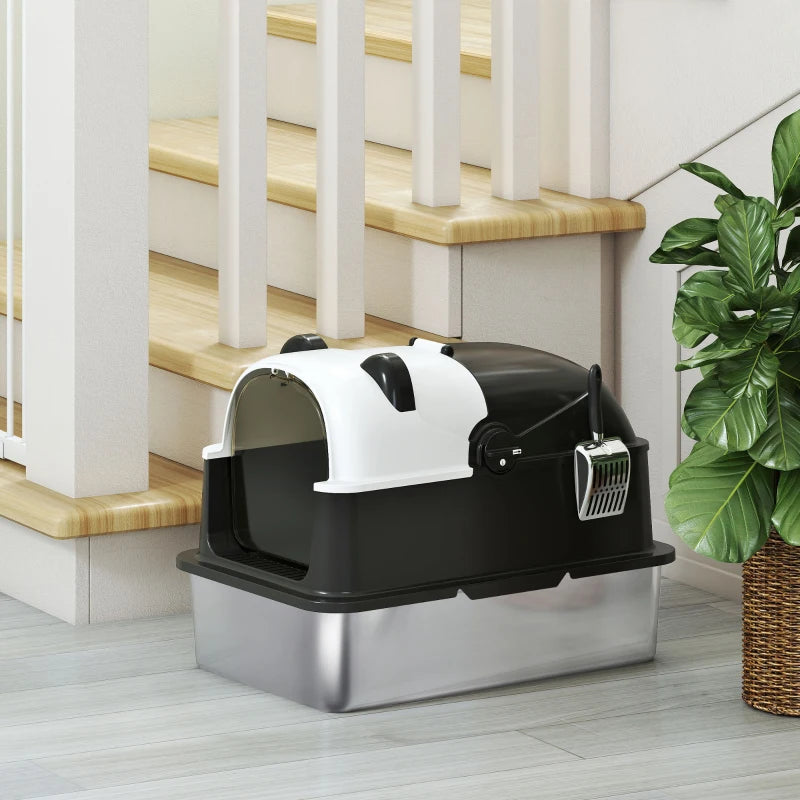 Panda Style XL Stainless Steel Cat Litter Box with Lid, Enclosed Kitty Litter Box with Scoop, 23.7" x 15.9" x 17.6"