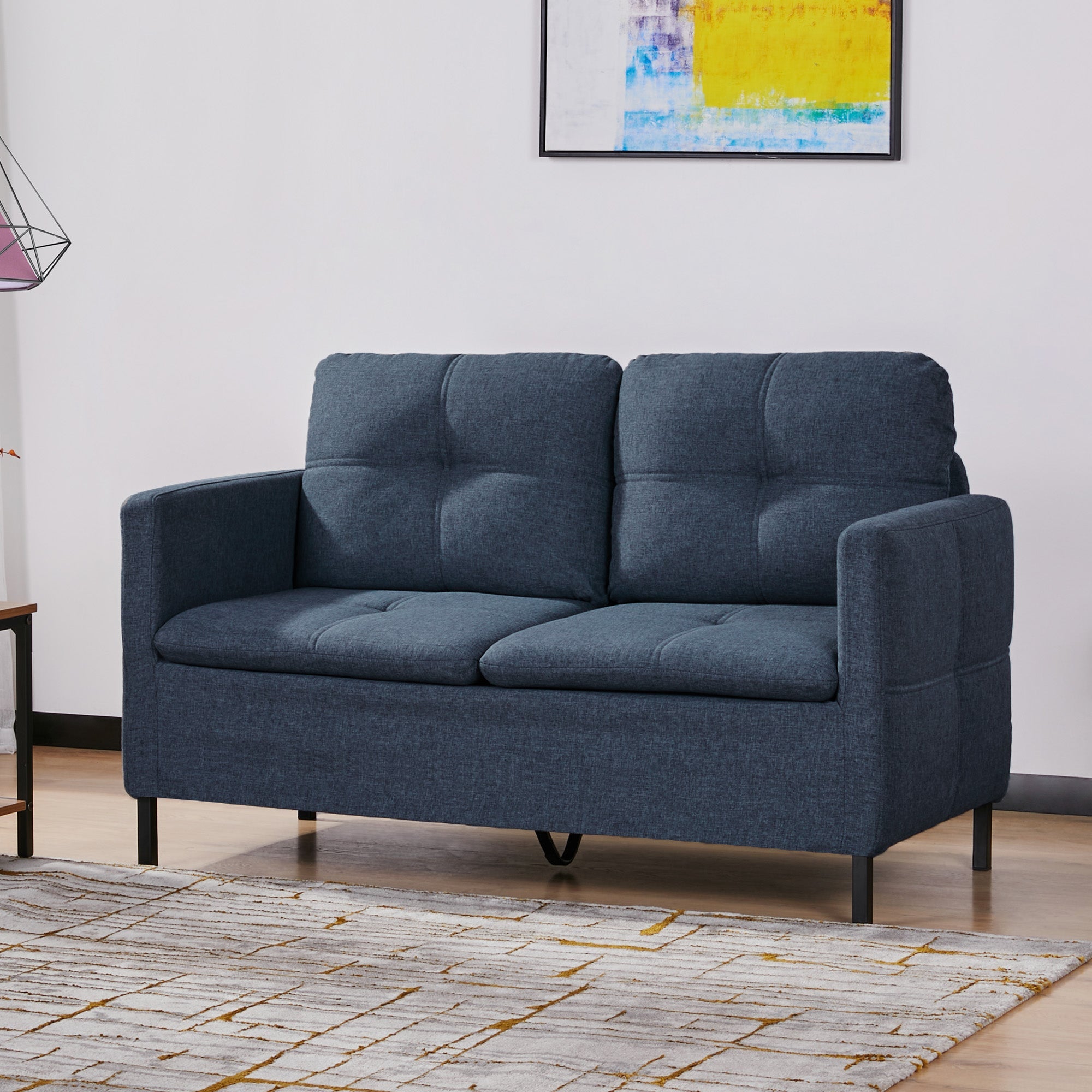 HOMCOM 53" 2 Seat Sofa, Upholstered Two Seater Couch with Sturdy Steel Legs for Bedroom, Living Room, Dark Blue