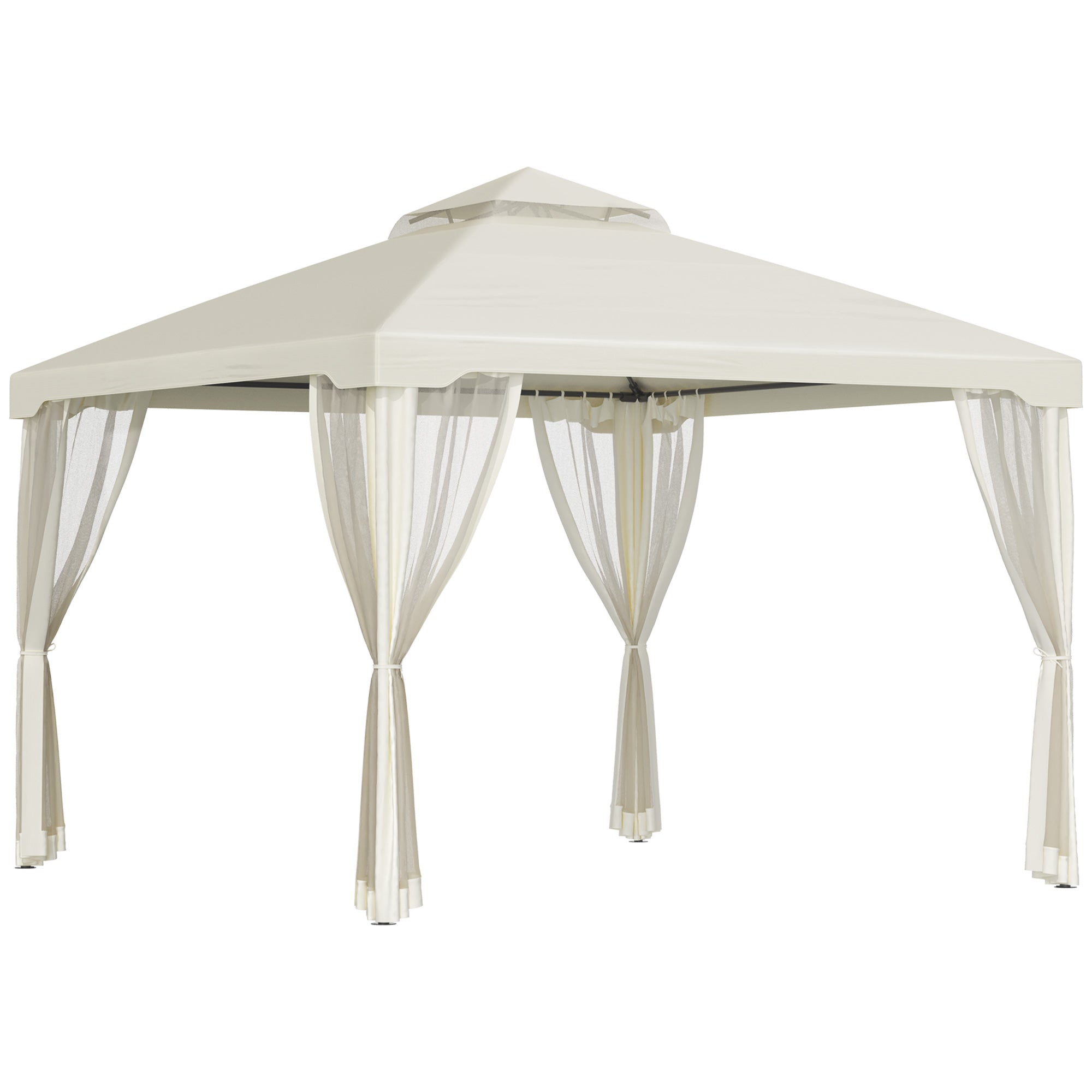 Outsunny 9.7'x9.7' Patio Gazebo Outdoor Pavilion 2 Tire Roof Canopy Shelter Garden Event Party Tent, Cream White