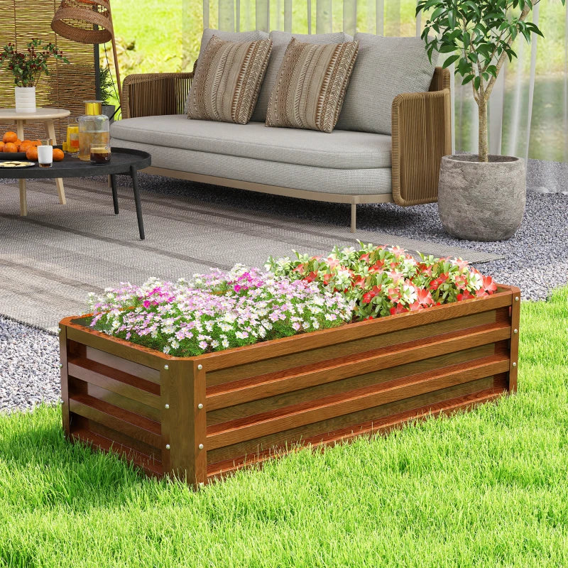 Galvanized Raised Garden Beds, Outdoor Planter Box, Set of 2, for Flowers, Herbs and Vegetables, Brown Wood Effect