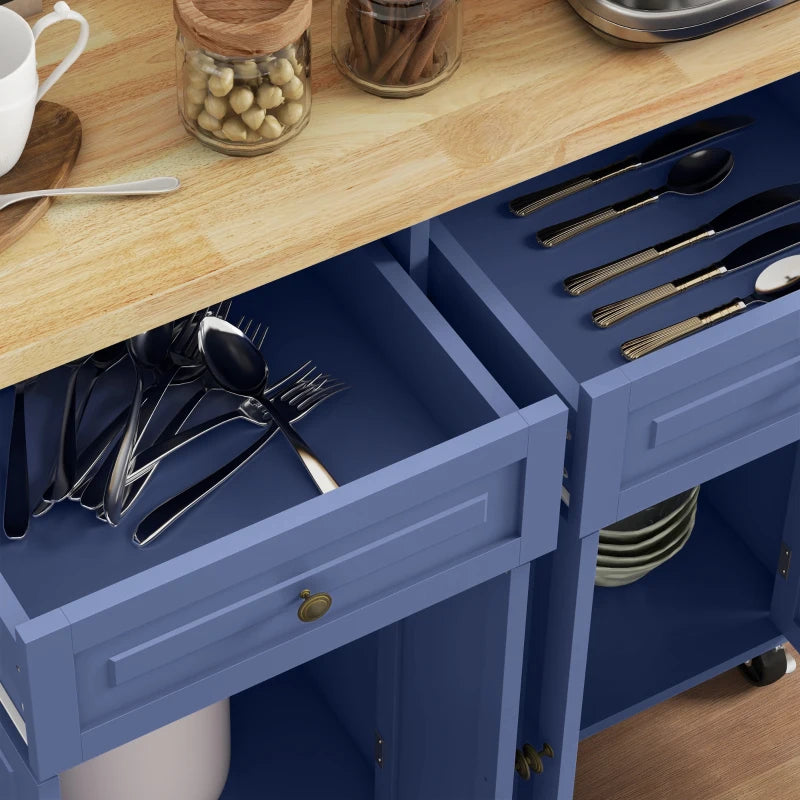 Kitchen Island with Storage, Rolling Trolley Cart with Rubber Wood Top, Spice Rack, Towel Rack, Navy Blue