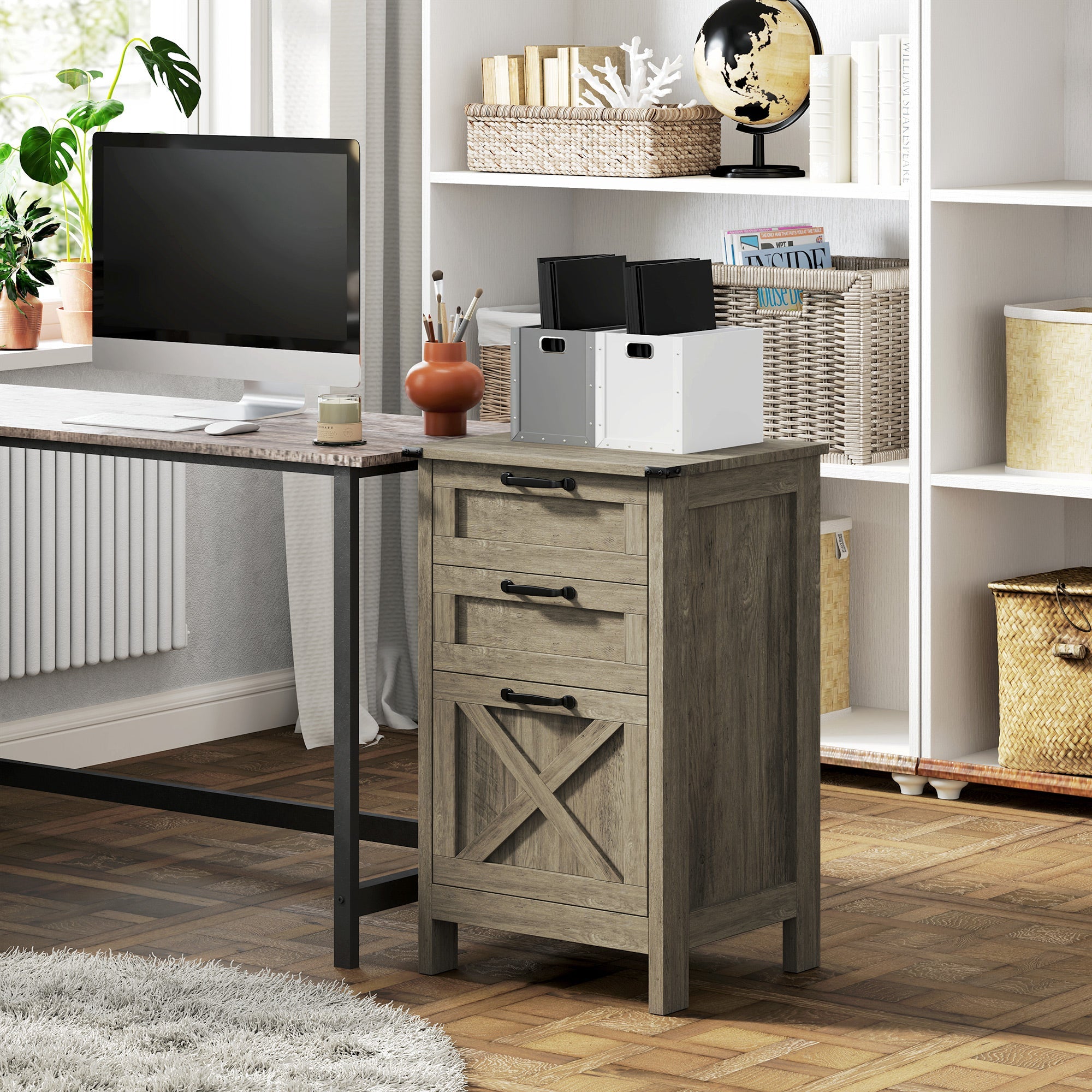 HOMCOM Vertical Filing Cabinet with 3 Drawers, Rustic Farmhouse Office Storage Cabinet for A4, Letter Size, Grey Wash