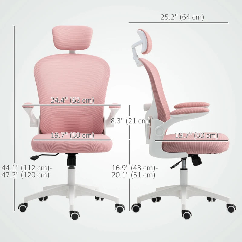Office Chair, Mesh Computer Desk Chair with Adjustable Headrest, 4D Lumbar Support, Flip-up Arm, Pink