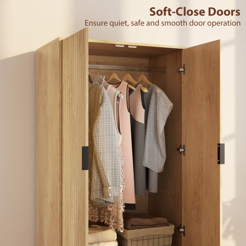 Modern Wardrobe Closet, Freestanding Armoire with Soft-Close Doors, 2 Drawers and Hanging Rod for Bedroom, Natural