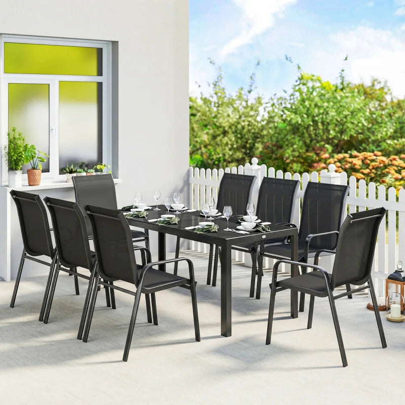 9 Pieces Patio Set with Stackable Chairs, Patio Dining Set with Glass Top for Garden, Patio, Backyard, Black
