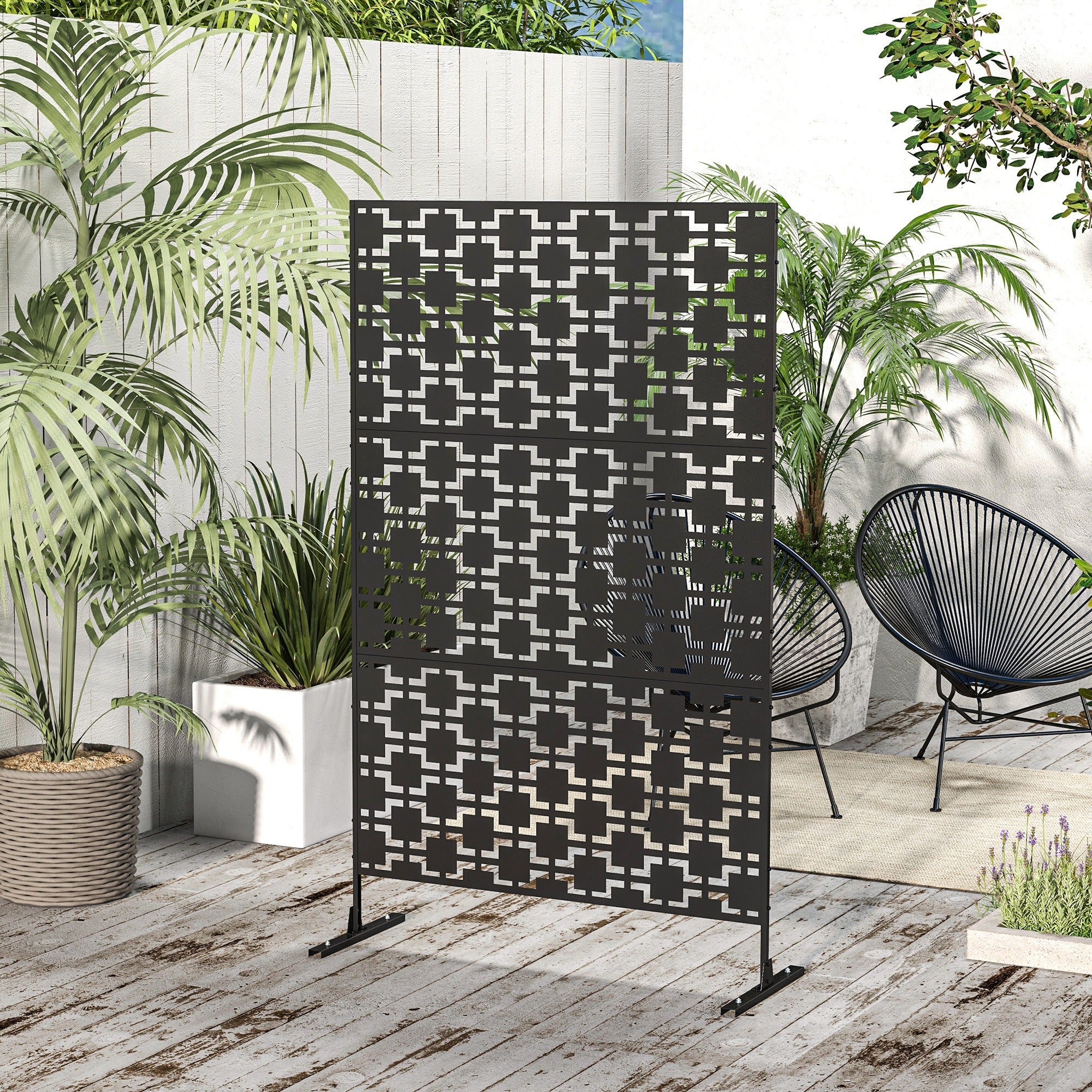 Outsunny 6.5FT Metal Privacy Screen, Outdoor Decorative Divider with Stand, Grid Style in Black| Aosom Canada