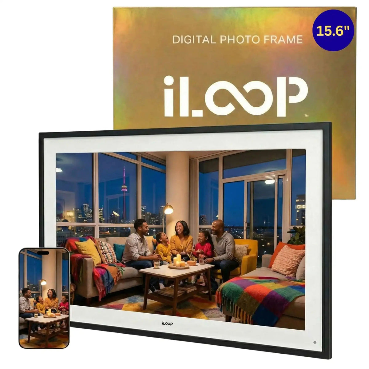 iloop 15.6” Digital Photo Frame | WiFi Touch Screen, 32 GB | Frameo App | Tabletop or Wall-Mounted