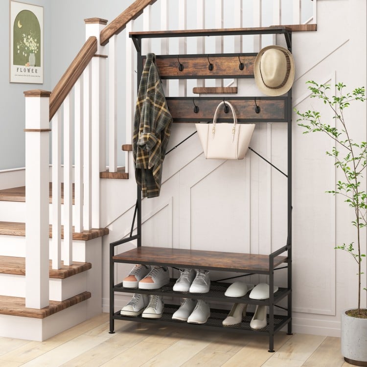Coat Rack 4-In-1 Hall Tree with 11 Hanging Hooks Shoe Bench-Rustic Brown