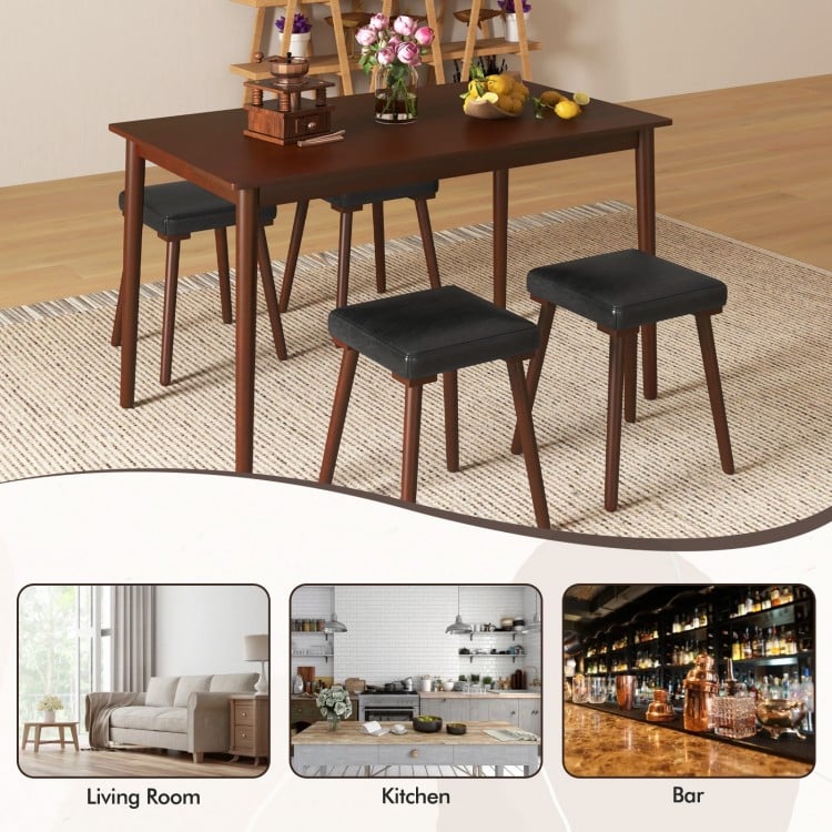 5 Piece Dining Table Set for 4 with 4 Upholstered Stools and Rubber Wood Legs-Brown