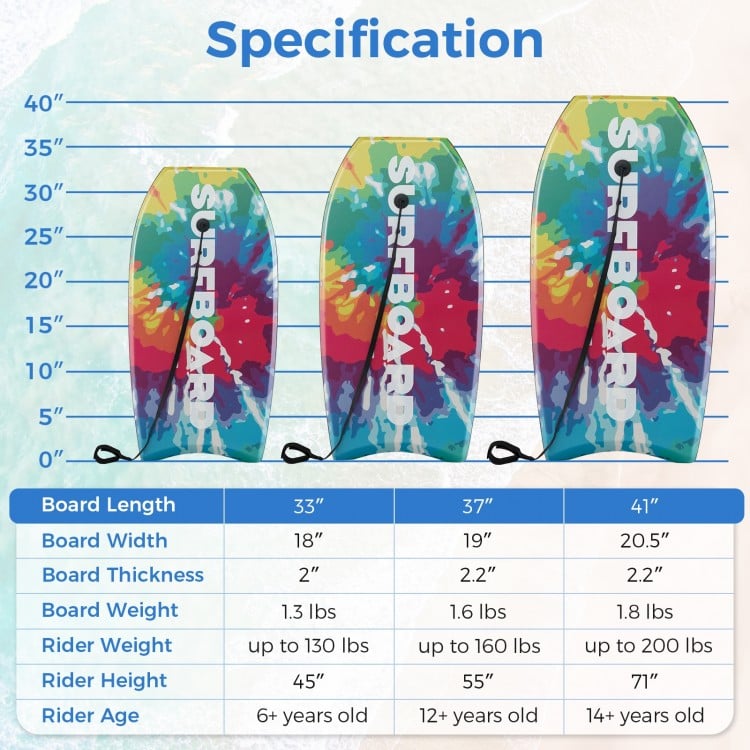 33/37/41 Inches Lightweight Body Board Boogie Board with EPS Core XPE Deck HDPE Bottom Multicolor1