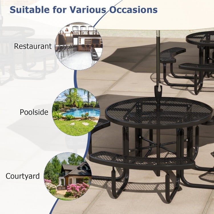 45 Inches Outdoor Round Picnic Table and Bench Set for 8 with Umbrella Hole-Black