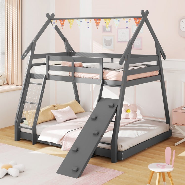 Twin Over Queen Bunk Bed Wooden Kids Bed with Climbing Nets and Ramp-Gray