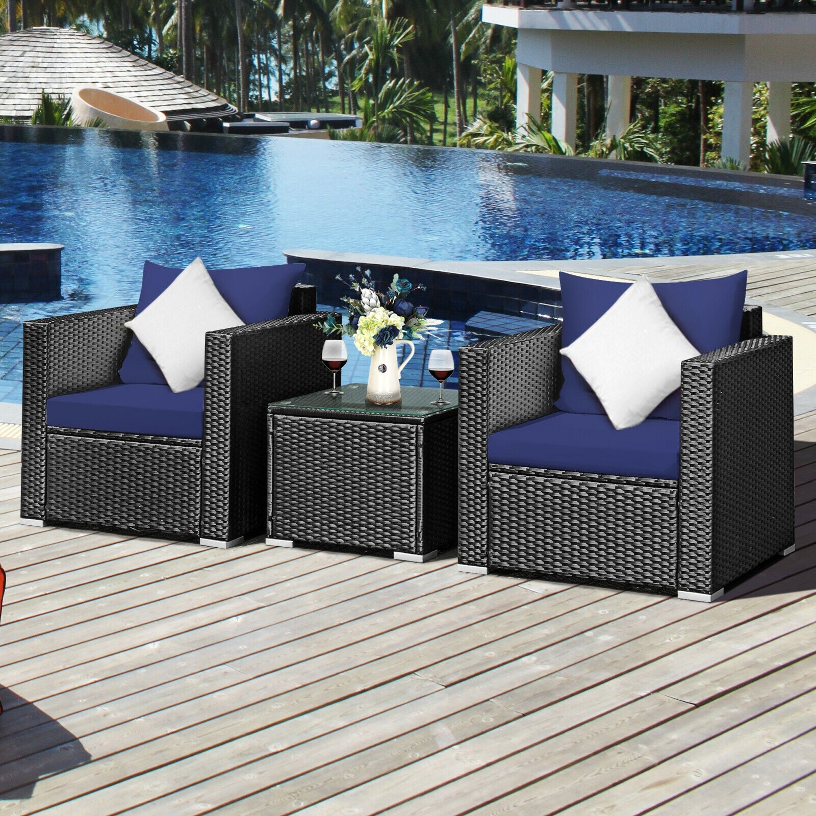 3 Pieces Patio Wicker Furniture Set with Cushion-NavyÂ