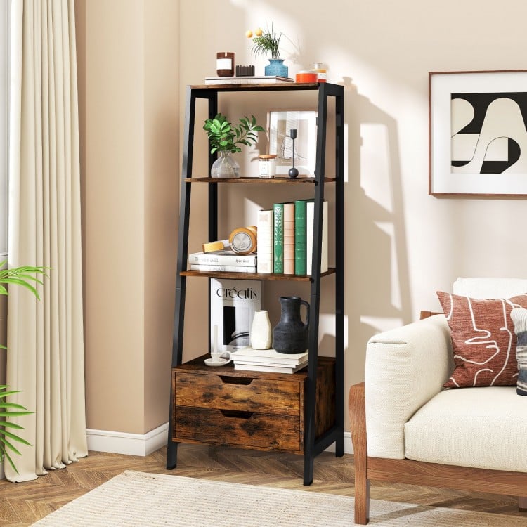 4-Tier Ladder Shelf with 2 Drawers 52.5 Inch Tall Freestanding Bookcase-Rustic Brown