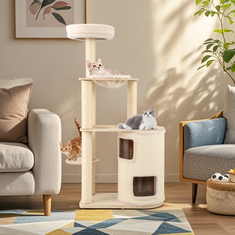 60 Inches Tall Cat Tree with 2-Story Condo and Sisal Scratching Posts-Natural