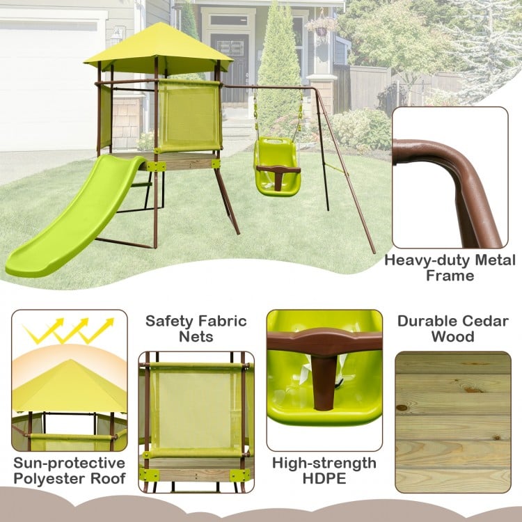 4-in-1 Swing Set with Covered Playhouse Fort and Height Adjustable Baby Seat-Green