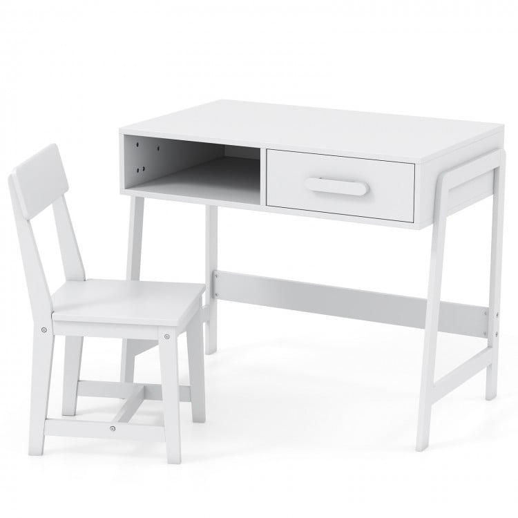 Kids Desk and Chair Set with Storage Drawer and Hutch-White