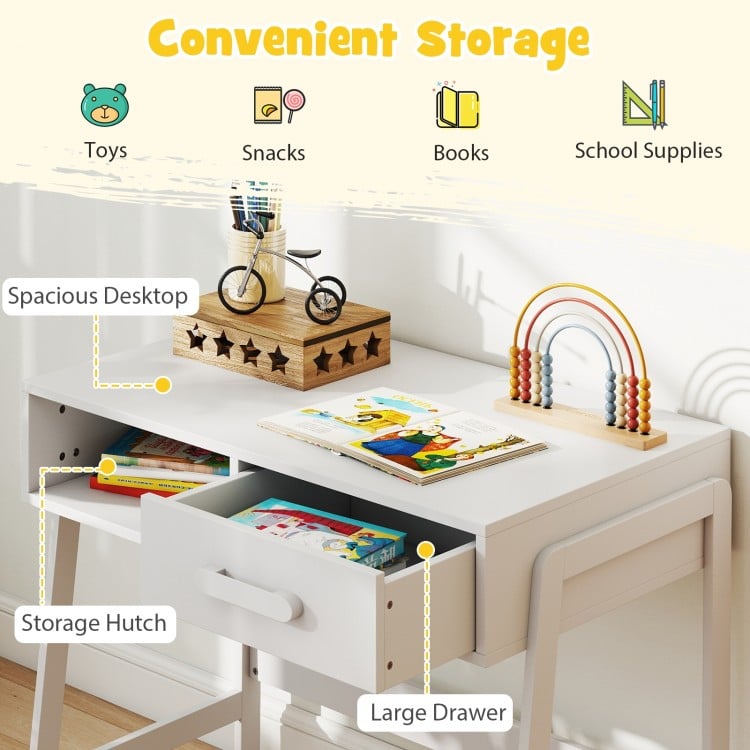 Kids Desk and Chair Set with Storage Drawer and Hutch-White