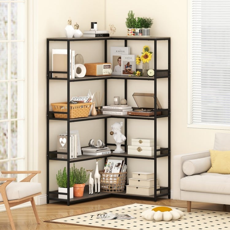 Corner Bookshelf 5-Tier L-Shaped Bookcase Etagere Bookshelf with Metal Frame-Oak