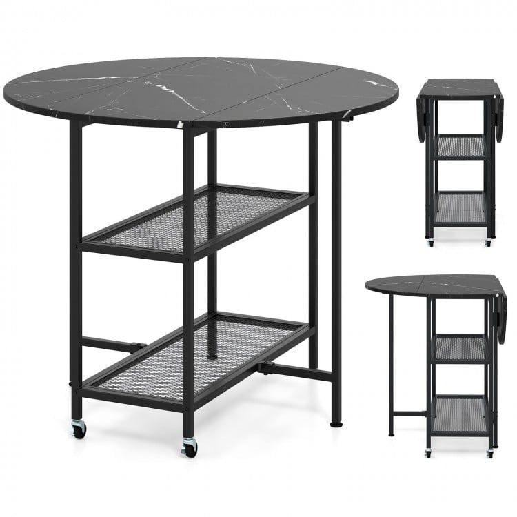 Folding Round Dining Table with Lockable Wheels-Black