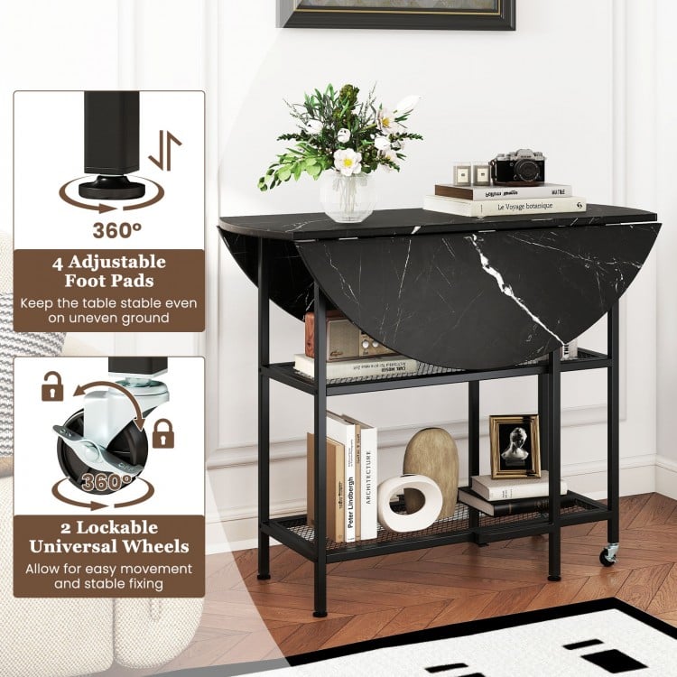 Folding Round Dining Table with Lockable Wheels-Black