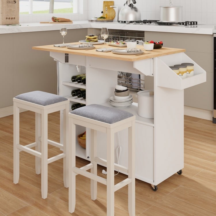 Drop Leaf Mobile Kitchen Island Cart with Power Outlet and Adjustable Shelf-White