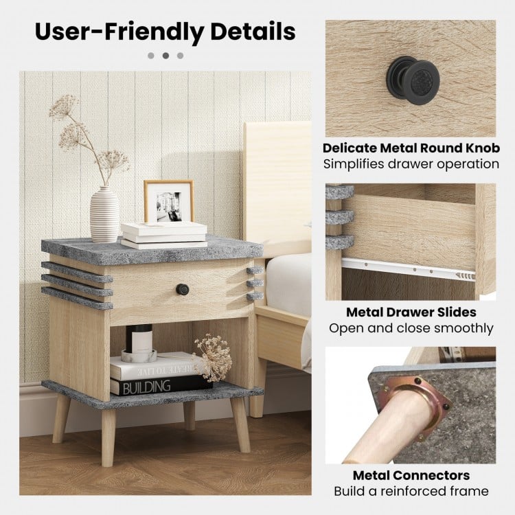 3-Tier Bedside Table Nightstand with Antique Grey Faux Marble Top-Grey