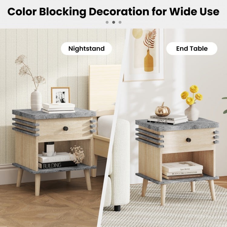 3-Tier Bedside Table Nightstand with Antique Grey Faux Marble Top-Grey