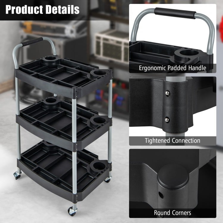 3 Layer Detailing Tool Utility Cart Tool Organizer Mobile Rolling Cart with Multiple Divider-Black