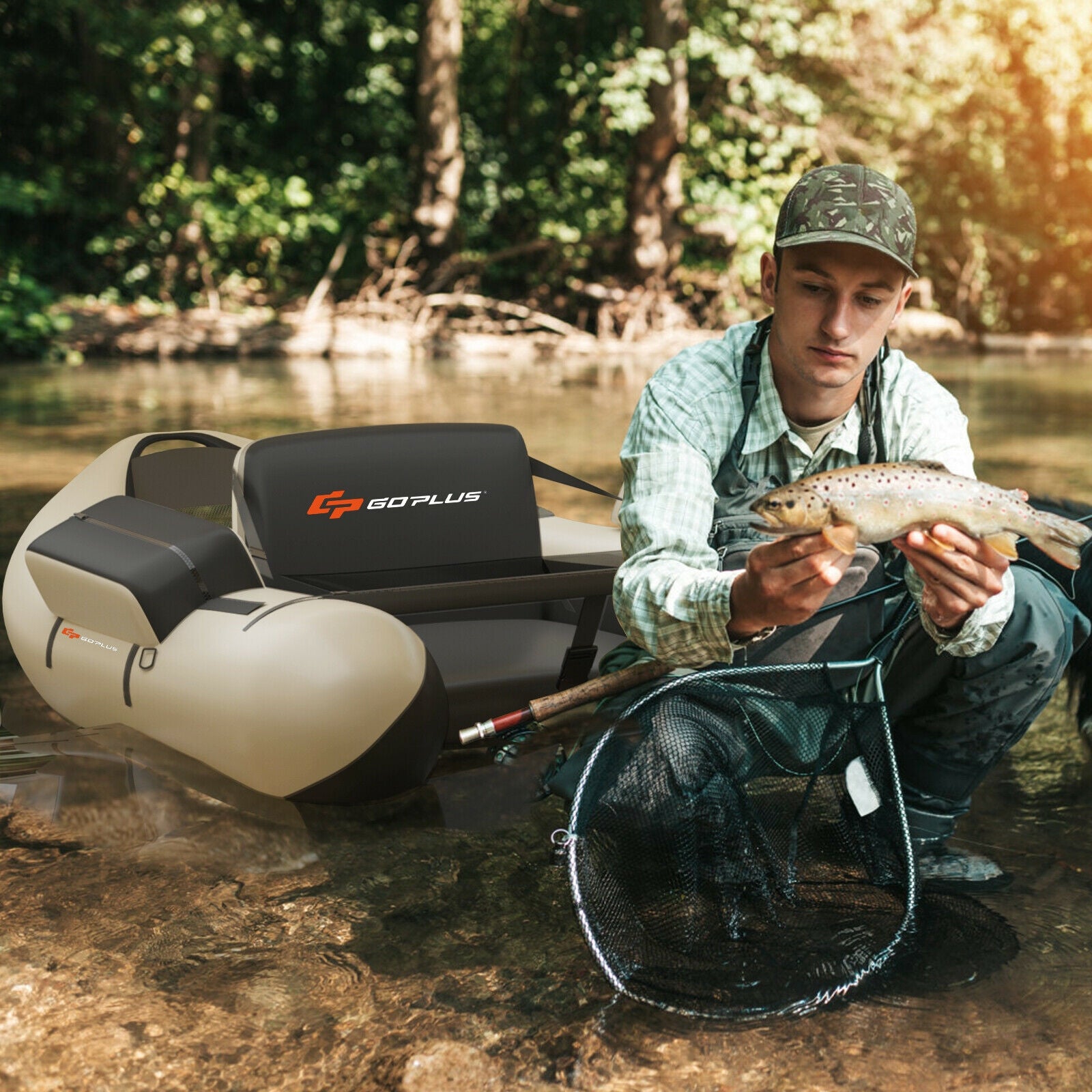 Inflatable Fishing Float Tube with Pump Storage Pockets and Fish Ruler-BeigeÂ