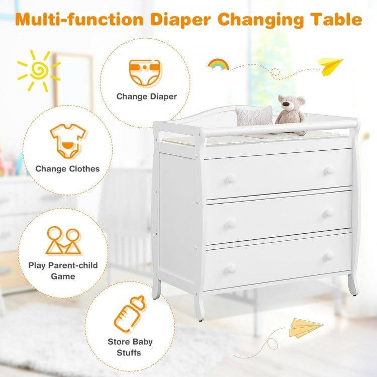 Baby Changing Table Infant Diaper with 3 Drawers and Safety Belt-White