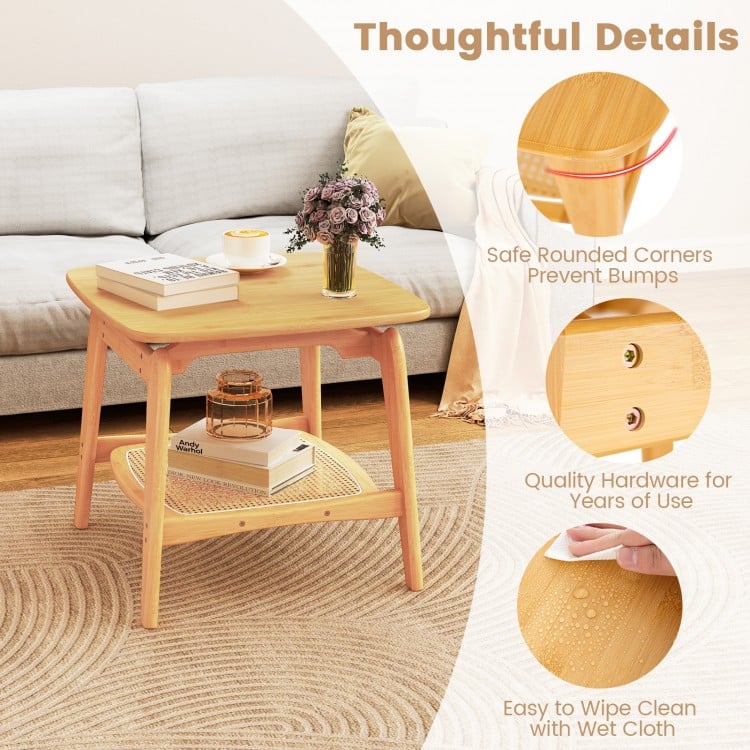 Boho Bamboo Sofa Side Table with Faux Rattan Storage Shelf-Natural