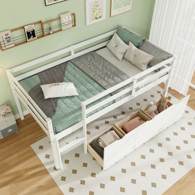 Twin Size Low Loft Bed with 3 Drawers with Ladder and Full-length Guardrails-White