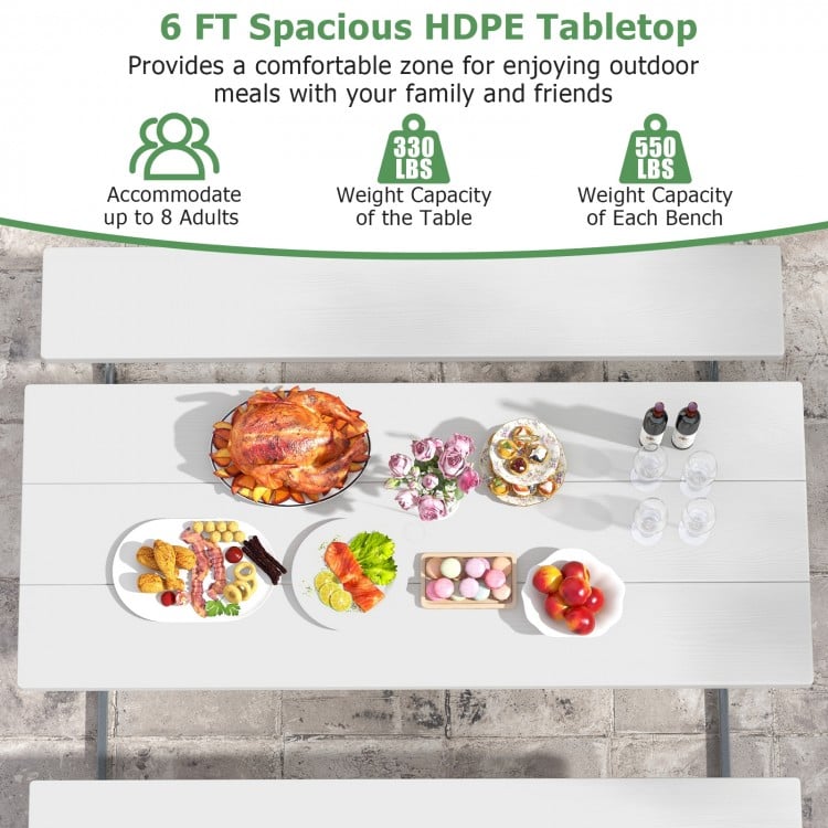 6 FT Picnic Table Bench Set Dining Table and 2 Benches with Metal Frame and HDPE Tabletop-White