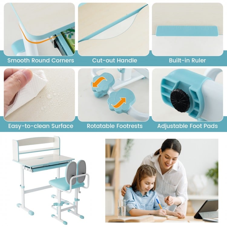 Kids Desk and Chair Set with Adjustable Height and Tilted Desktop-Blue