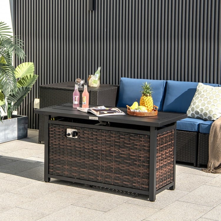 45 Inch Propane Rattan Firepit Table with Glass Stones and Protective Cover