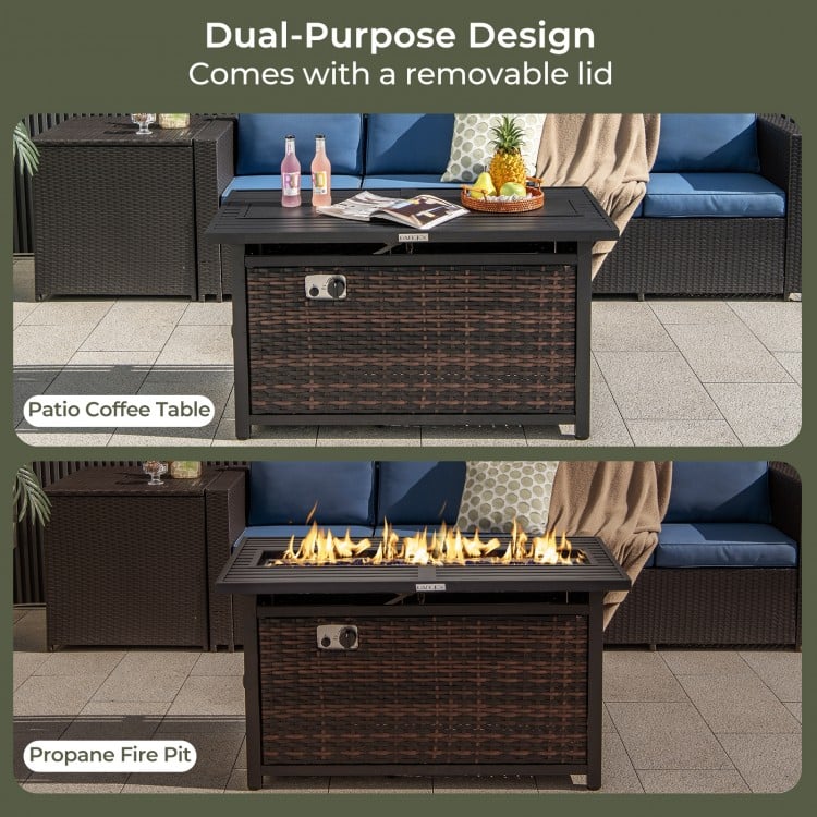 45 Inch Propane Rattan Firepit Table with Glass Stones and Protective Cover