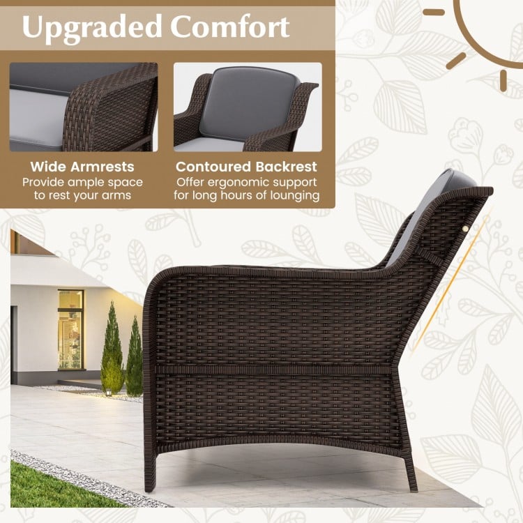 3 Pieces Outdoor Rattan Furniture Set with Cushions and Tempered Glass Coffee Table-Gray