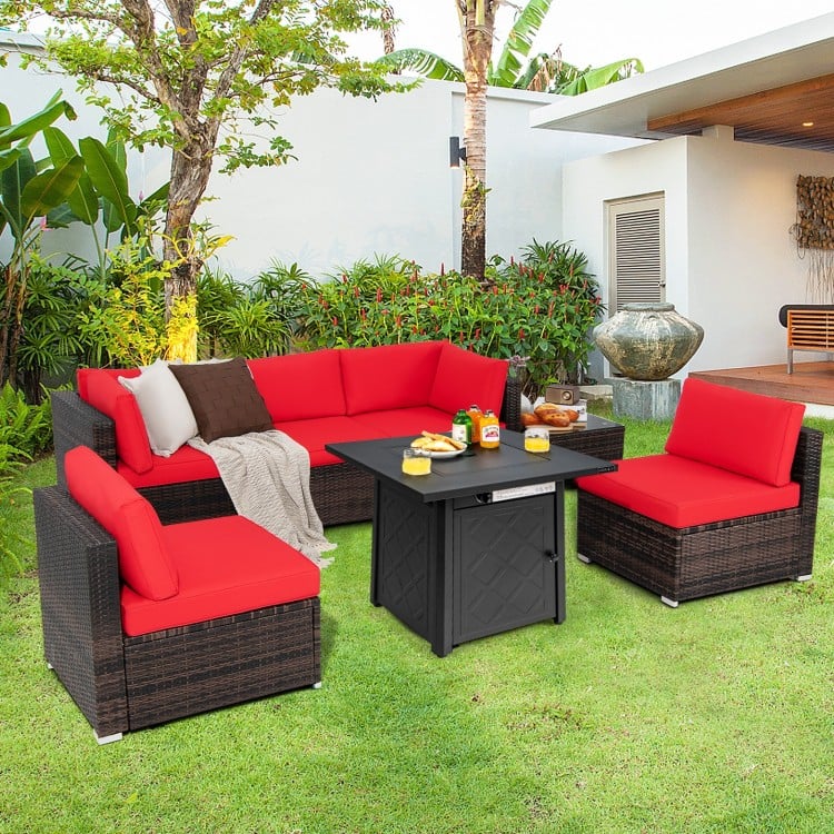 7 Pieces Patio Furniture Set with 28 Inches 50000 BTU Propane Gas Fire Pit Table